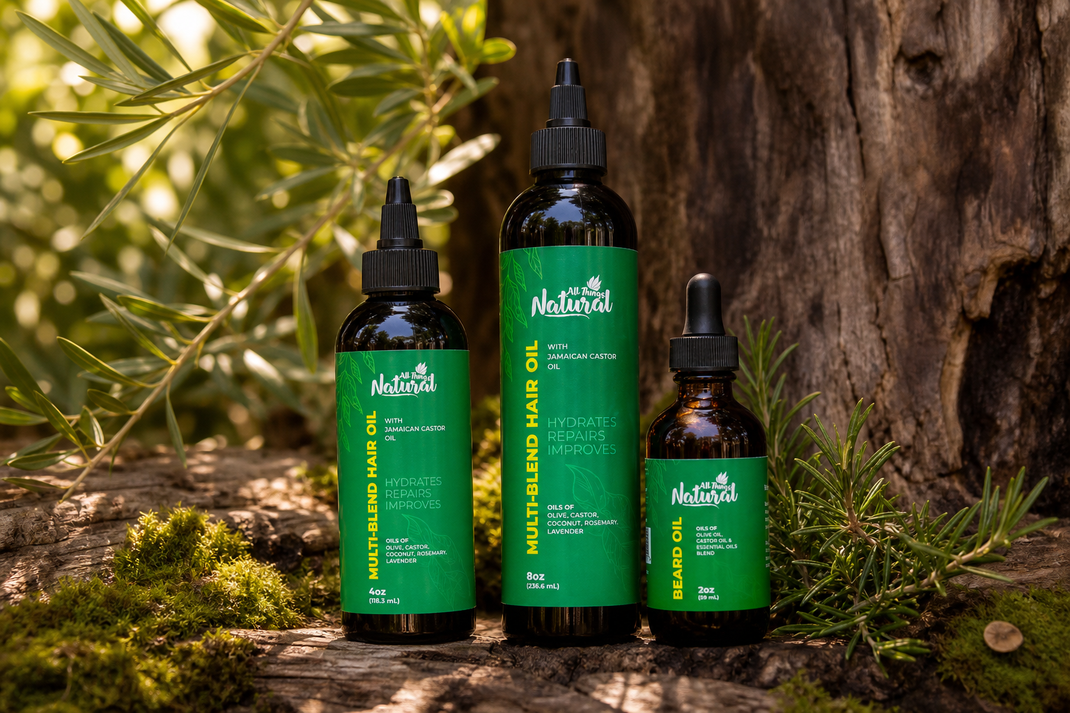 All Things Natural 4 ounce and 8 ounce Multi-Blend Hair Oils with Beard Oil in nature